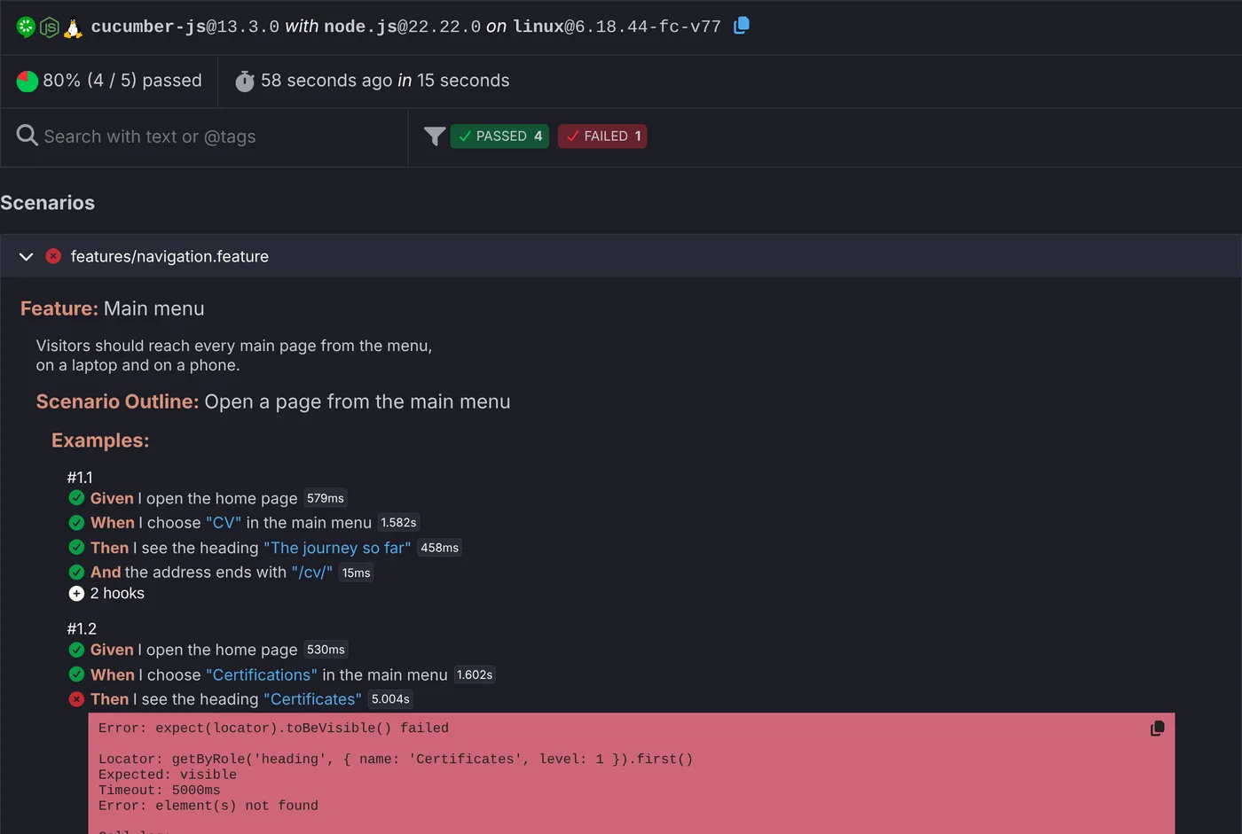 Cucumber HTML report: 4 of 5 scenarios passed; the step 'Then I see the heading Certificates' failed with the Playwright error message