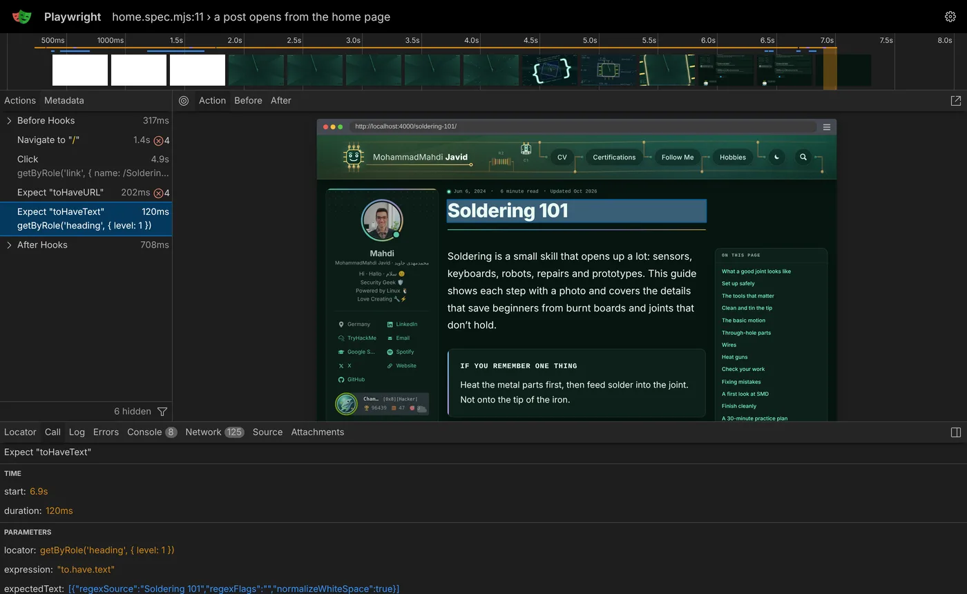 Playwright trace viewer showing the action list, a timeline of screenshots and the page snapshot at the moment of the heading check