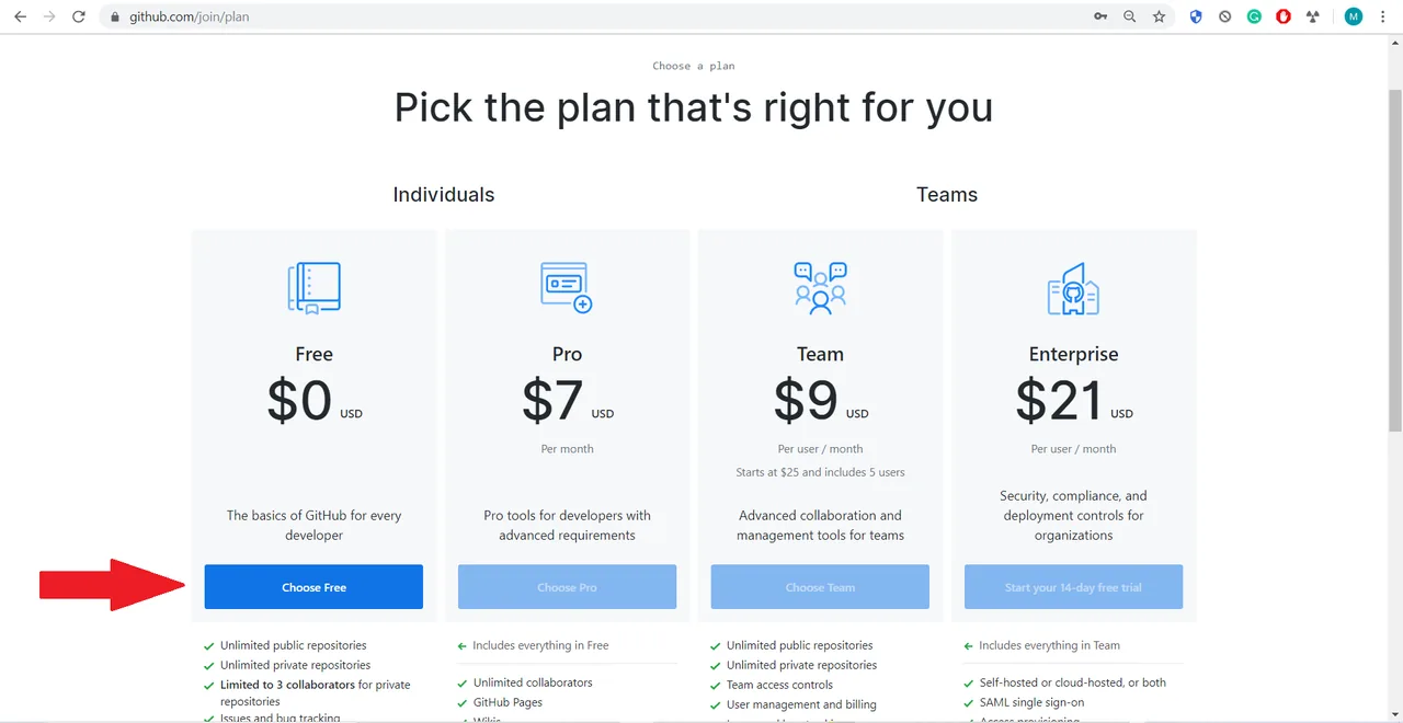 Plan selection with the free plan marked