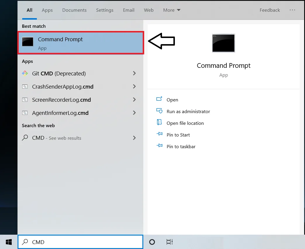 Command Prompt in the search results