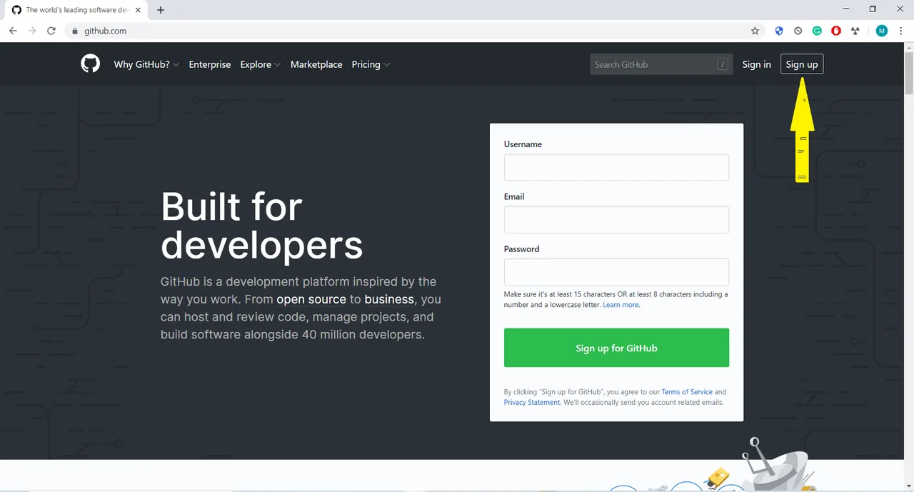GitHub home page with the Sign up button marked