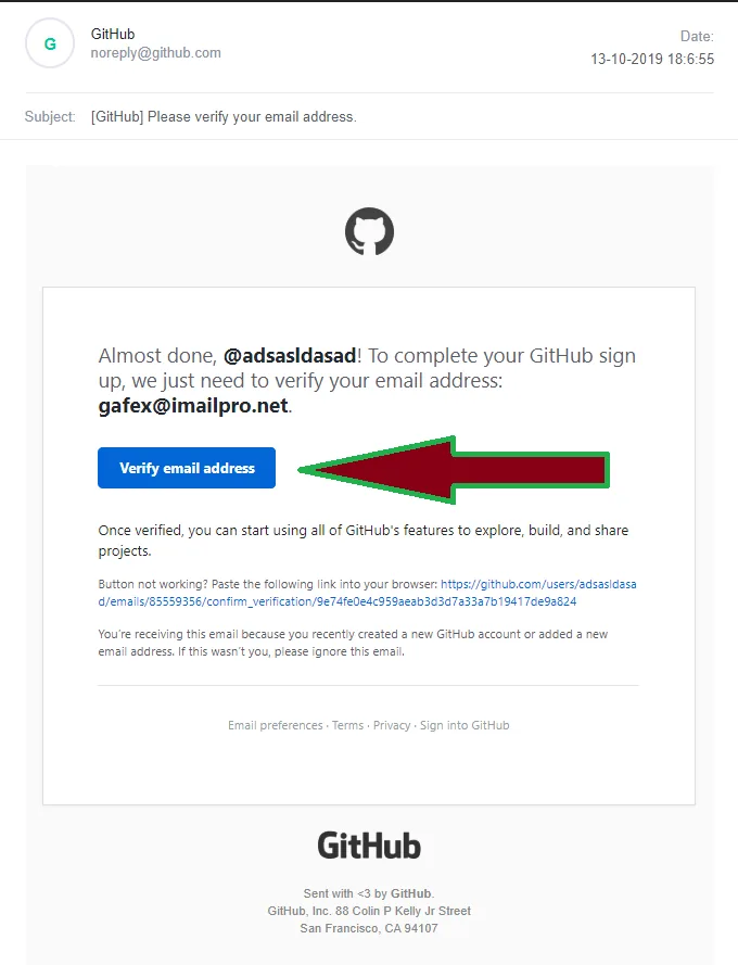 Verification email with the Verify email address button marked