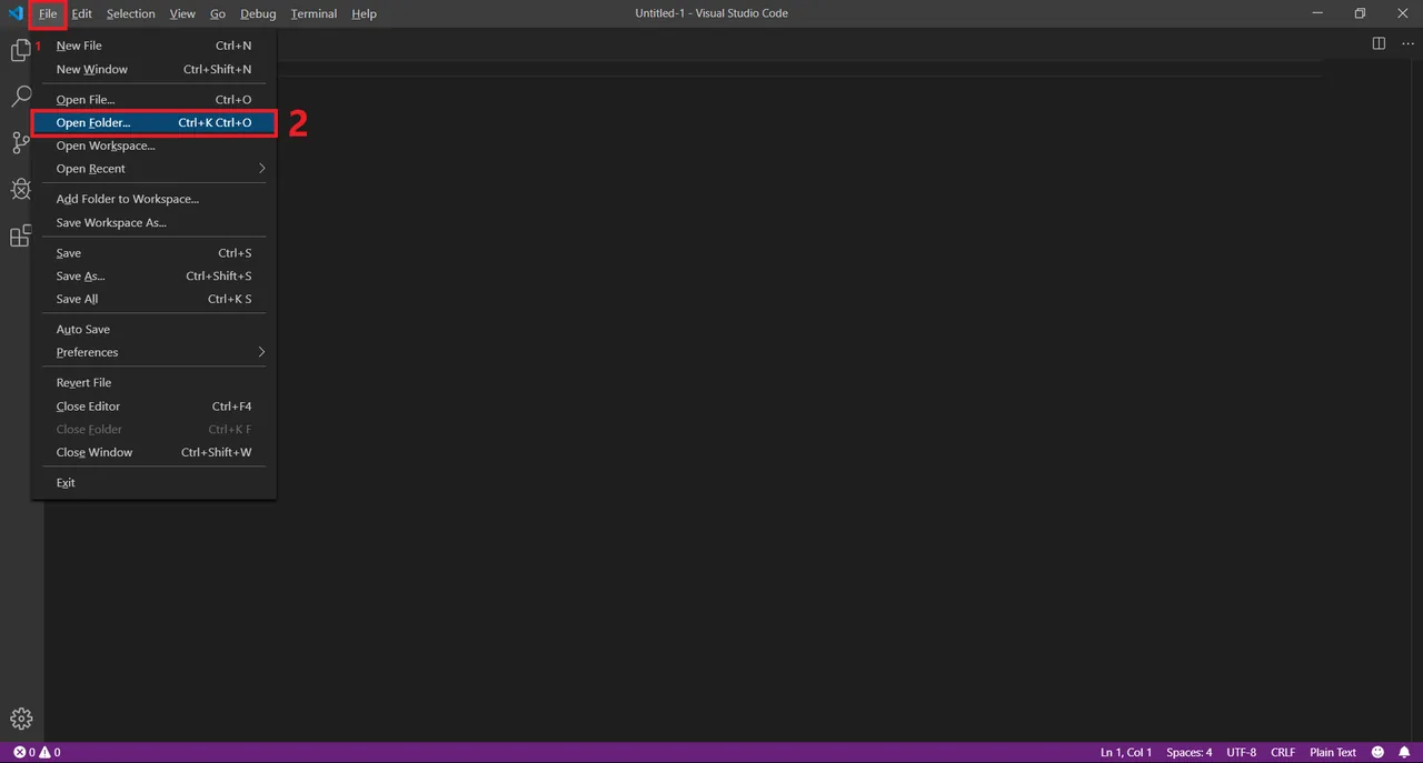 The File menu in VS Code with Open Folder marked